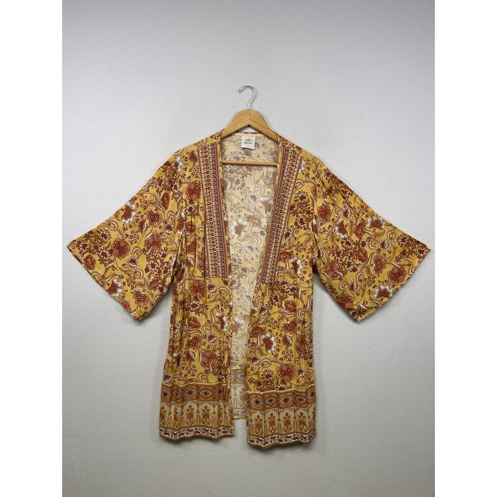 Boho Festival Knox Rose‎ Womens XS/S Yellow Floral Print Open Front Kimono Wrap